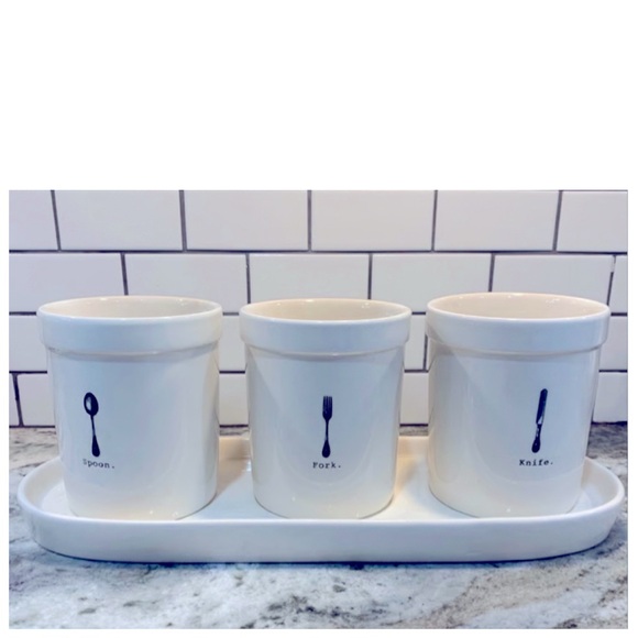 NEW Rae Dunn Icon Collection Spoon Fork Knife Utensil Holder Silverware Cup Jar - Picture 1 of 4